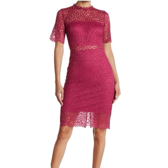 LOVE X DESIGN Lace Sheer Panel Knee Length Dress Berry Color Size XS - Picture 8 of 8